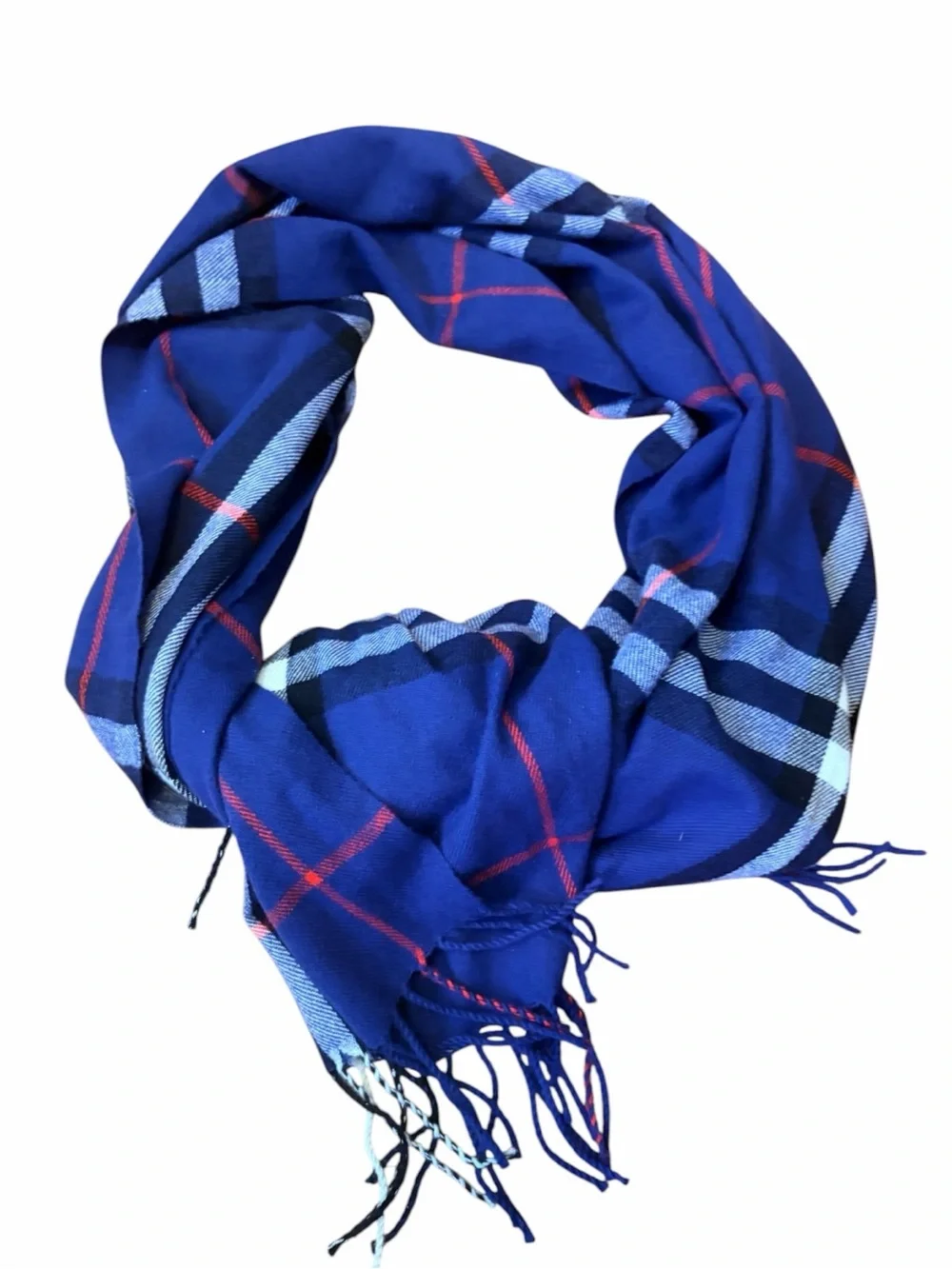 100% Cashmere Unisex Blue Red Black White Plaid Fringe Scarf